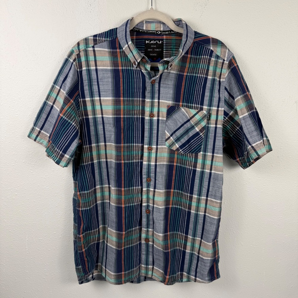 KAVU Mens Short Sleeve Button Down Plaid Shirt Blue Green Orange‎ Size M